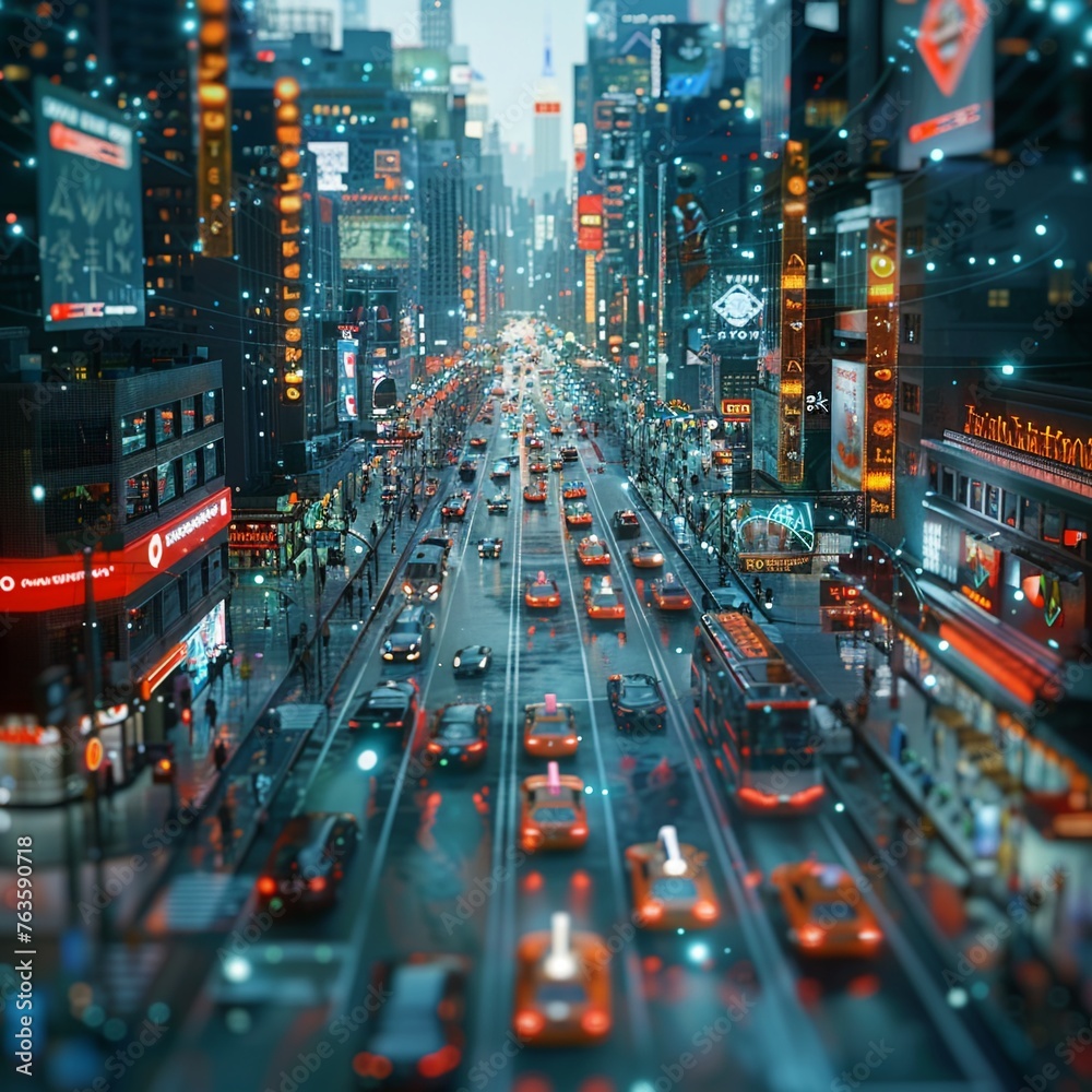 Capture a long shot of a bustling city street with futuristic nanotechnology devices subtly integrated into everyday objects and infrastructure, illustrating the seamless transformation of the urban l