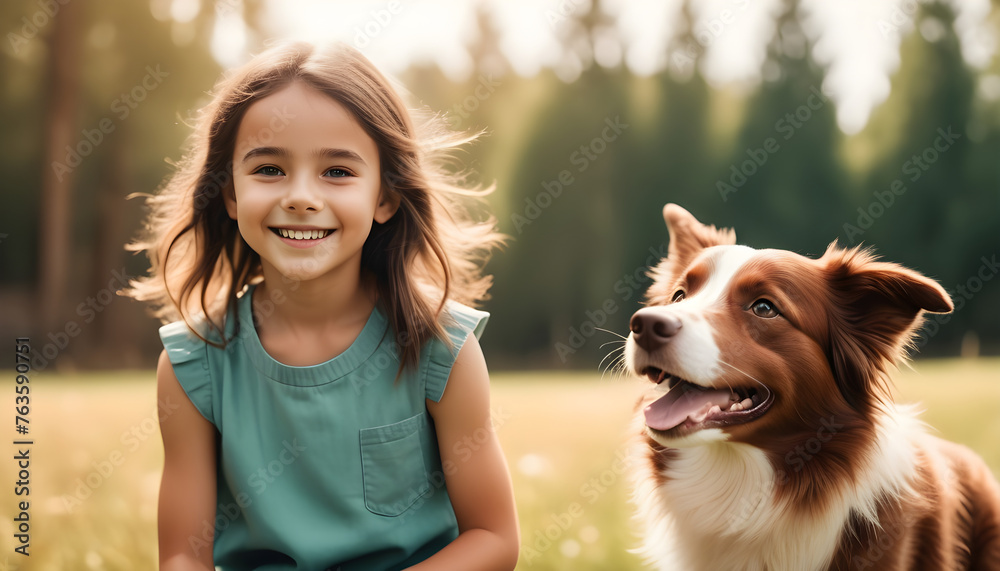a little girl with border collie