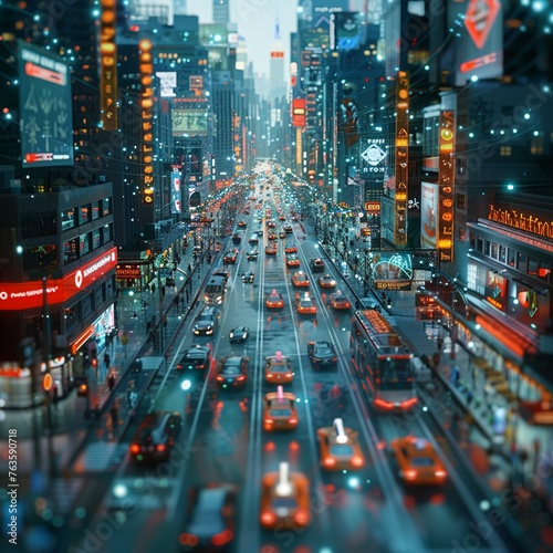 Capture a long shot of a bustling city street with futuristic nanotechnology devices subtly integrated into everyday objects and infrastructure, illustrating the seamless transformation of the urban l