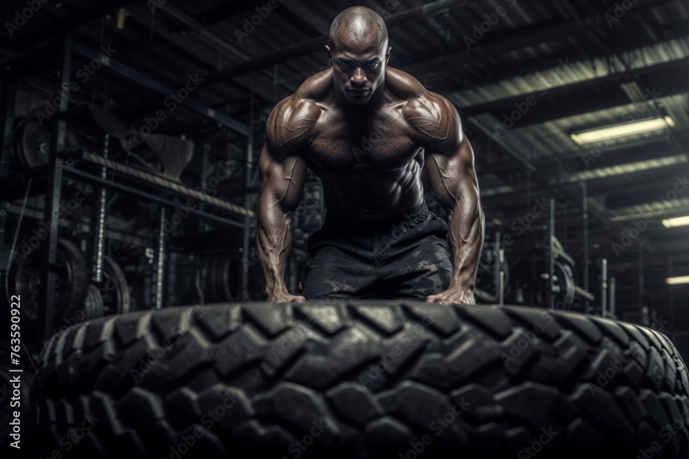 Muscular athlete flipping tire in gym Muscular athlete flipping tire in gym