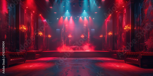 An atmospheric concert hall bathed in dramatic red lighting with a stage awaiting the arrival of a performer.