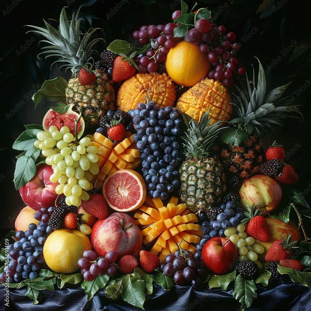 Craft a captivating scene where the fruits representing the classical elements are intricately arranged in a way that highlights their textures and colors Ensure that each fruit clearly embodies its c Craft a captivating scene where the fruits representing the classical elements are intricately arranged in a way that highlights their textures and colors Ensure that each fruit clearly embodies its c