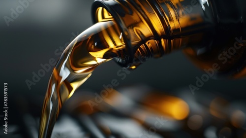 Close up of oil flowing from inside a bottle, product advertising concept. AI generated image