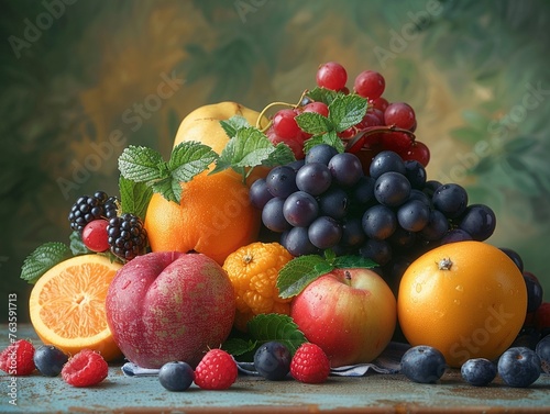 Design a unique and imaginative depiction of the four classical elements using fruits  focusing on earth in particular Utilize creative angles and lighting to make the fruits appear vivid and realisti