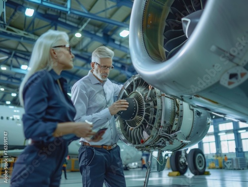Imagine an image where an engineer stands in front of an airplane at an airport, engaged in the technical examination or repair of the aircraft's engine This scene encapsulates the convergence of avia photo