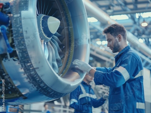 An airplane engine being serviced by a smiling female mechanic, showcasing the intricate turbine up close among a bustling scene of workers and equipment in an industrial setting, emphasizing themes o photo