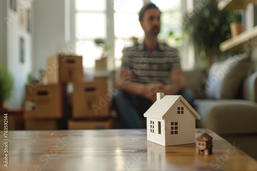 Miniature wooden toy house against the background of a man with boxes. photo