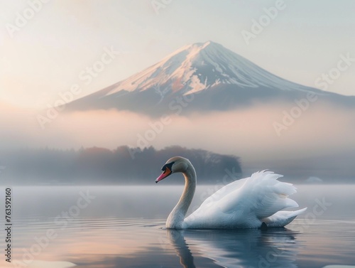 I've created an image that encapsulates a serene morning scene by a lake, featuring a single swan gliding gently across the water, with majestic mountains in the background This picturesque landscape 