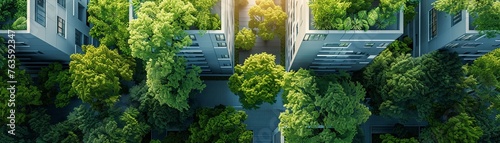 Illustrate the transformation of urban landscapes through innovative greening projects from a low angle Focus on conveying the harmonious coexistence of nature and urban elements, emphasizing the posi photo