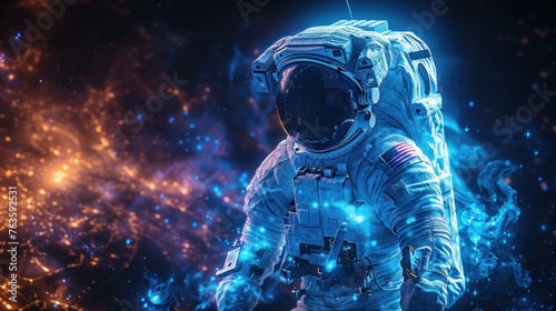 An astronaut and an alien floating in space, surrounded by a mesmerizing blue glow of energy and light, with elements that suggest an X-ray view revealing human and alien skeletal structures Water and