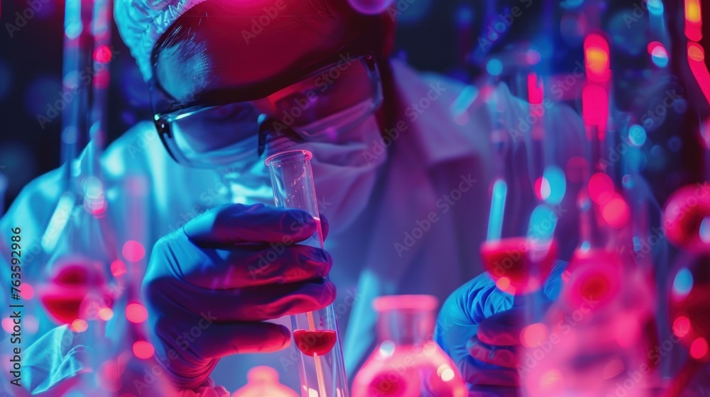 Scientist with medical tubes laboratory pharmaceutical research with blood cells with neon light. Scientist with medical tubes laboratory pharmaceutical research with blood cells with neon light.