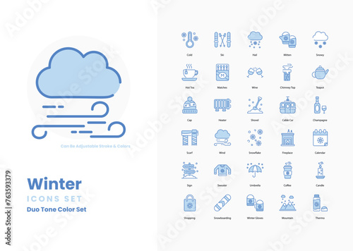 winter icon set Snowflake, hot cocoa, mittens, snowman, icicles, sled, frost, polar bear, winter hat, scarf, snow globe, fireplace, penguin, chilly, frosty, snow vector illustration