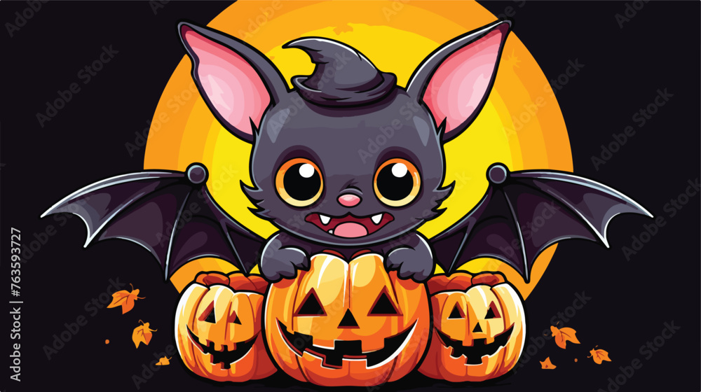 Cute cartoon bat with a devilish pumpkin in paws 