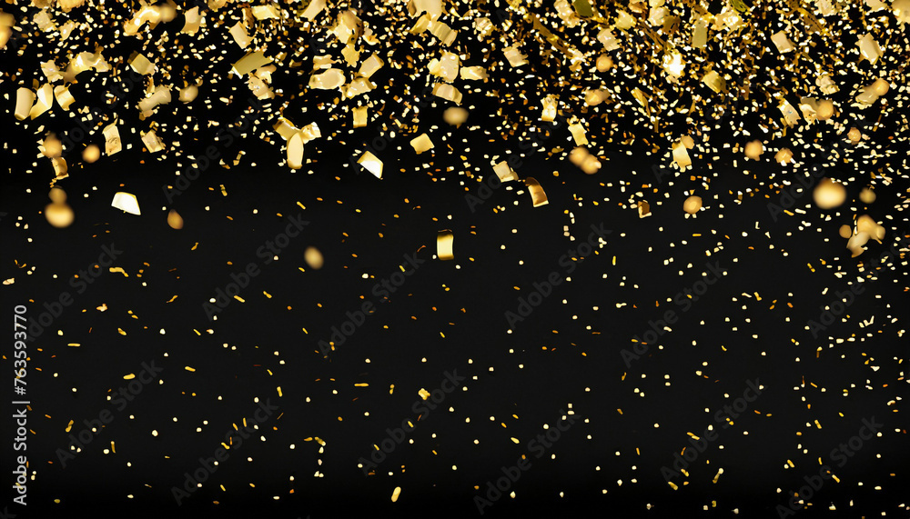 Raining gold confetti isolated on black, party background concept