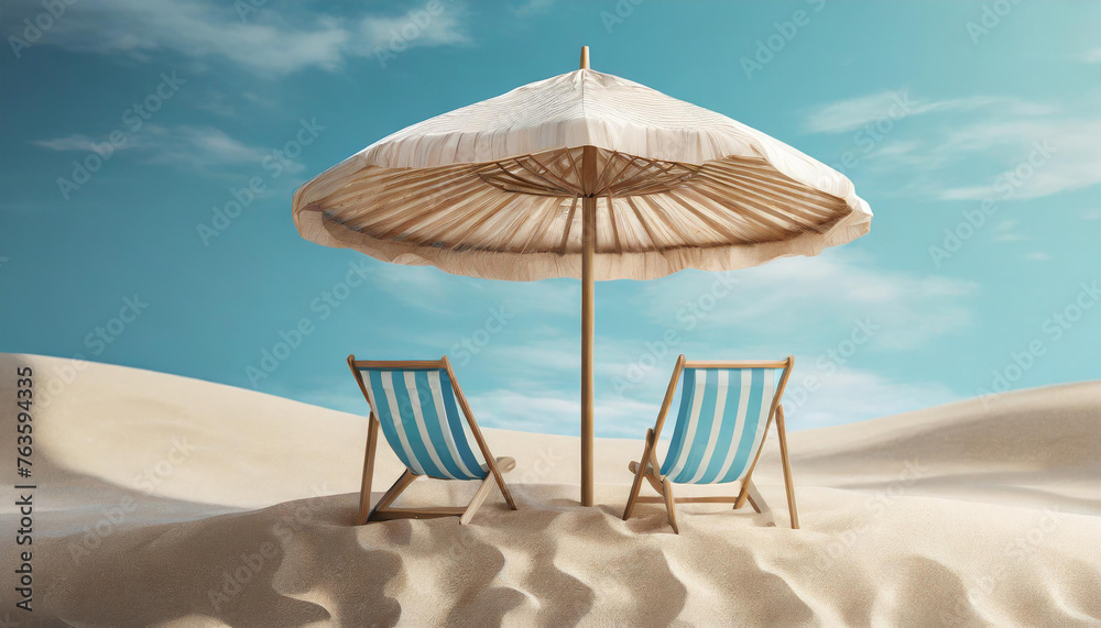 Beach umbrella with chairs and sand on pastel blue background. summer vacation concept. 3d rendering