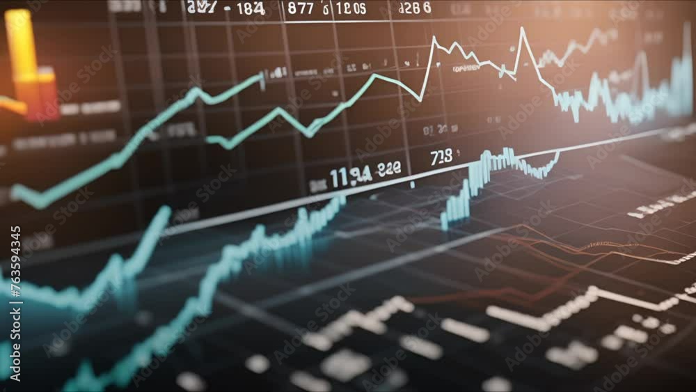 Detailed close-up of computer screen showing various graphs and data related to business and finance.
