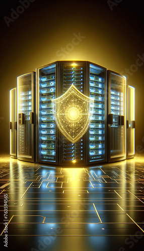 Servers bathed in yellow, shielded by a semi-transparent holographic barrier, symbolize next-gen cyber defense.