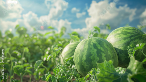 Ripe watermelons basking in the sunlight amidst a lush field under a blue sky