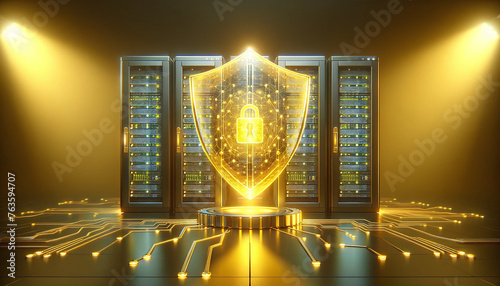 Advanced server racks enveloped in a luminous yellow holographic shield, symbolizing robust cybersecurity measures.
