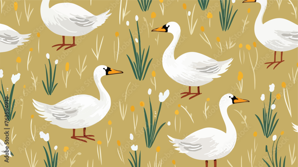 Cute goose seamless pattern. Adorable farm birds. D