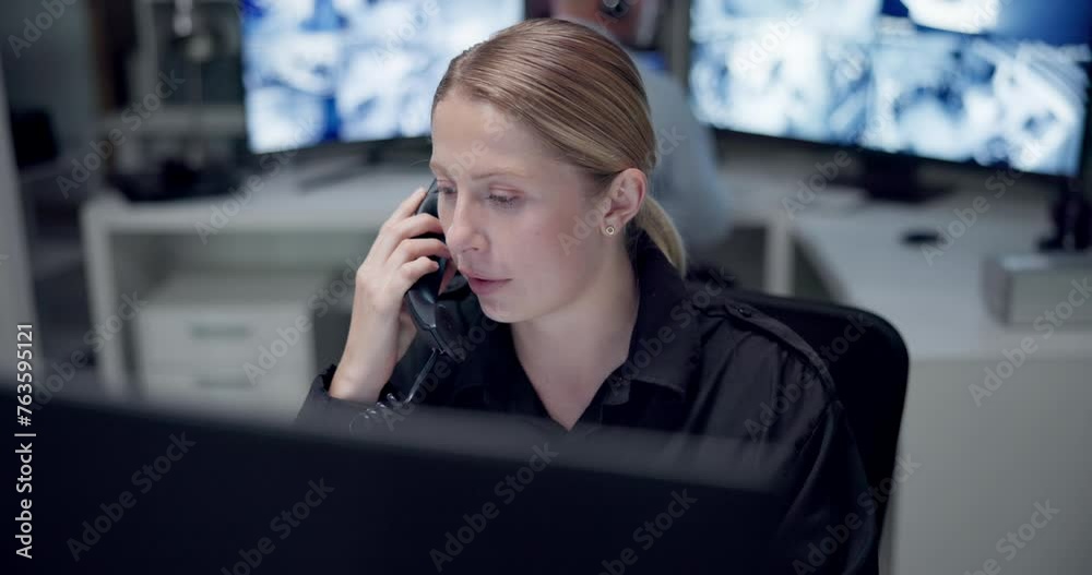 Emergency, phone call and woman on computer for service, first responder and customer support. Telecommunication, surveillance office and person with telephone for security, helpline and contact
