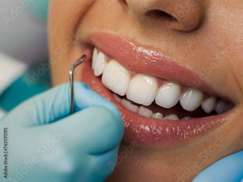 An open female mouth with white teeth. Dentist appointment. Close-up. Oral hygiene and caries control. Teeth whitening. Medicine and dentistry.