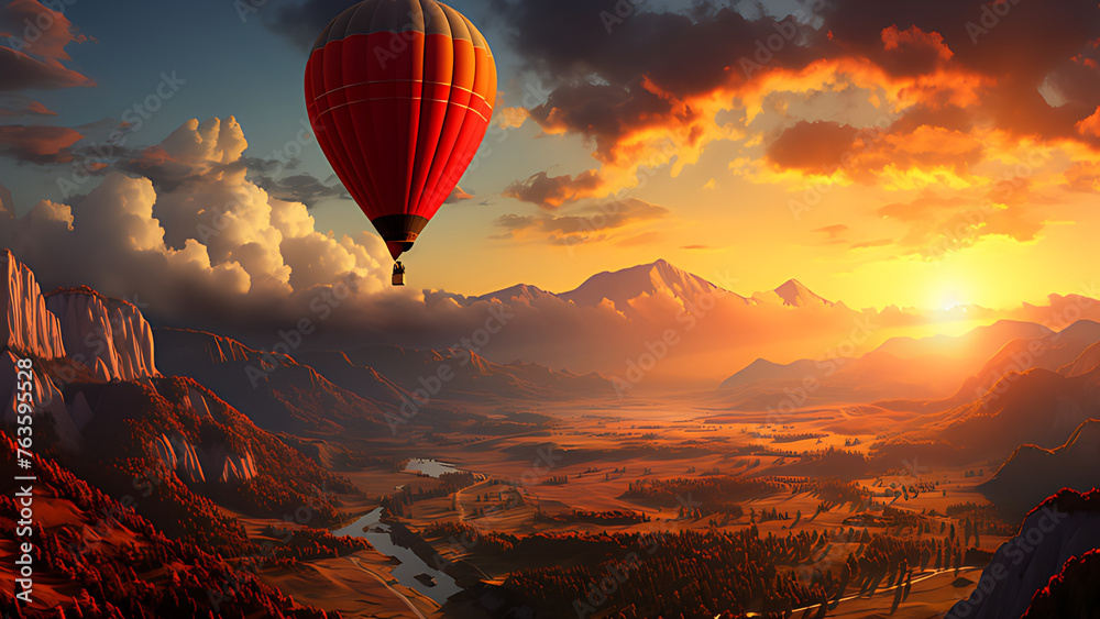 Hot air balloon over the valley, with charming sky background, transportation.