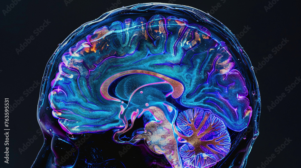 Enhanced cerebral cortex, detailed lobes of the brain, neural efficiency, brainwave activity - obrazy, fototapety, plakaty 