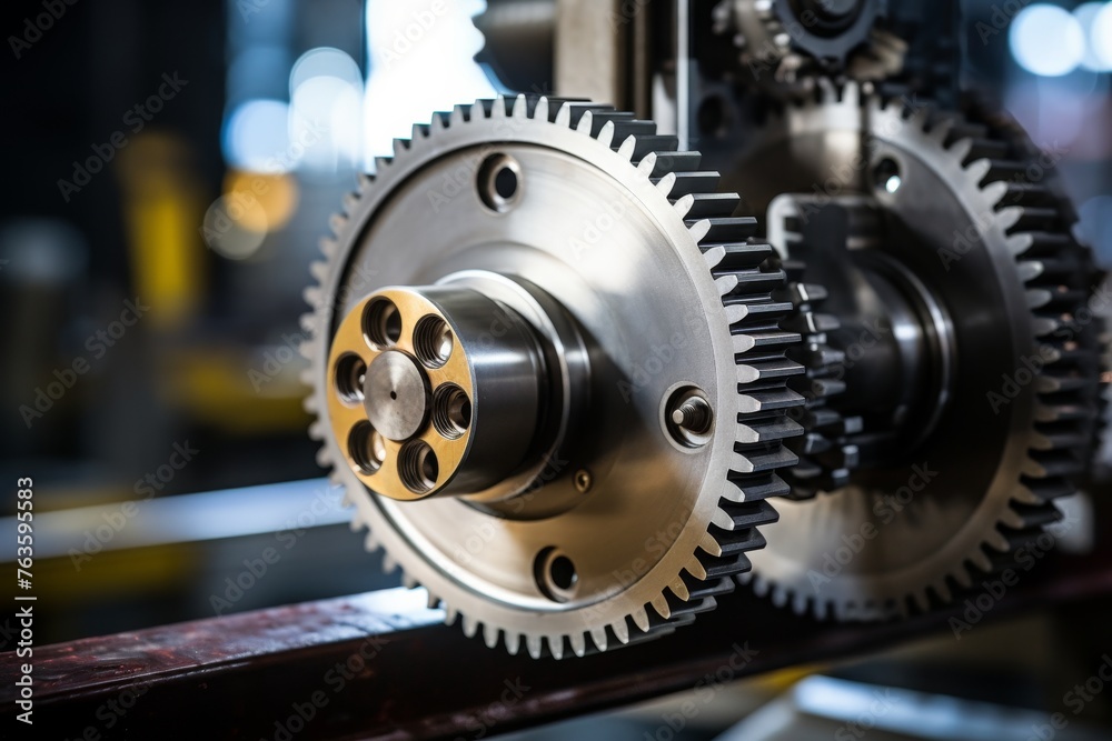 The Inner Workings of Industry: A Timing Pulley Surrounded by Gears and Chains under Bright Workshop Lights The Inner Workings of Industry: A Timing Pulley Surrounded by Gears and Chains under Bright Workshop Lights