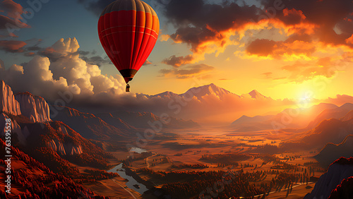 Hot air balloon over the valley, with charming sky background, transportation. photo