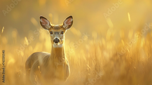 Doe in the meadow, soft light, serene setting, eye-level perspective