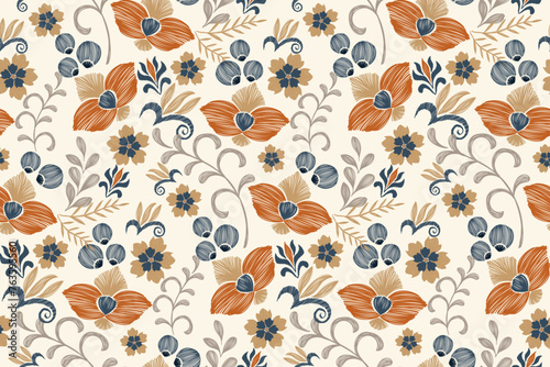 Ethnic Floral pattern seamless embroidery white background. Ikat flower motif oriental ethnicity traditional. Bohemian style abstract vector illustration design for print template.