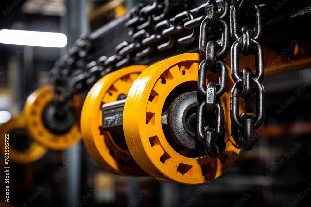 The raw power and durability of an industrial hoist chain captured in close-up The raw power and durability of an industrial hoist chain captured in close-up