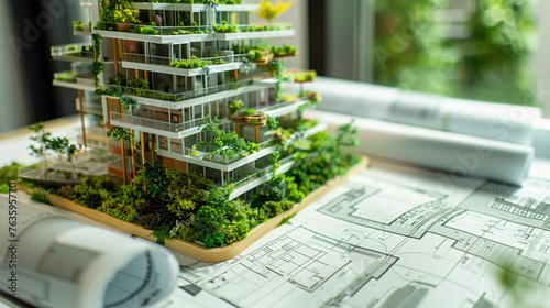 Detailed blueprints and vibrant sketches of rooftop gardens and vertical green spaces across city buildings