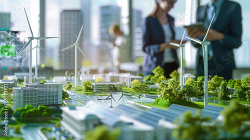 A team analyzing a digital display of an urban layout incorporating renewable energy