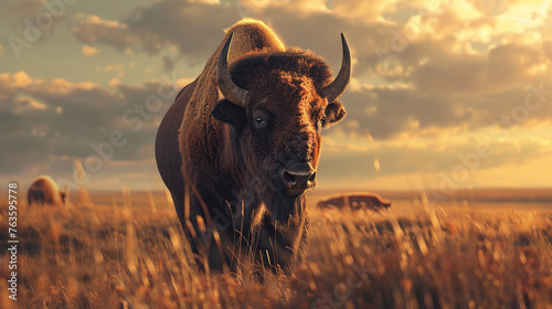 Bison in the prairie, robust form, dynamic weather conditions photo