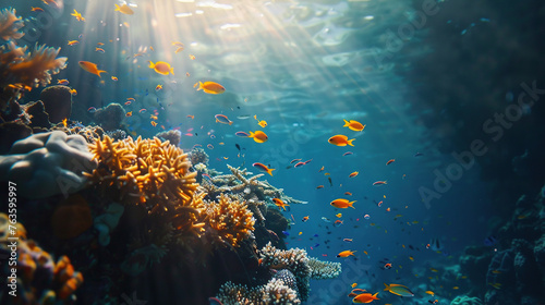 Underwater scene, marine biodiversity, coral clarity