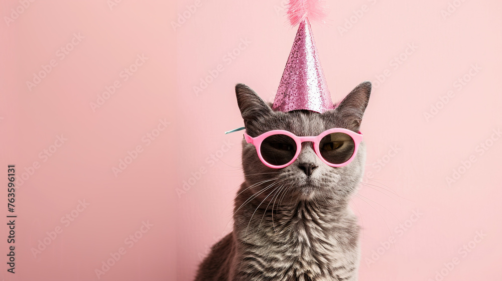 Grey cat wearing a pink birthday hat and oversized sunglasses