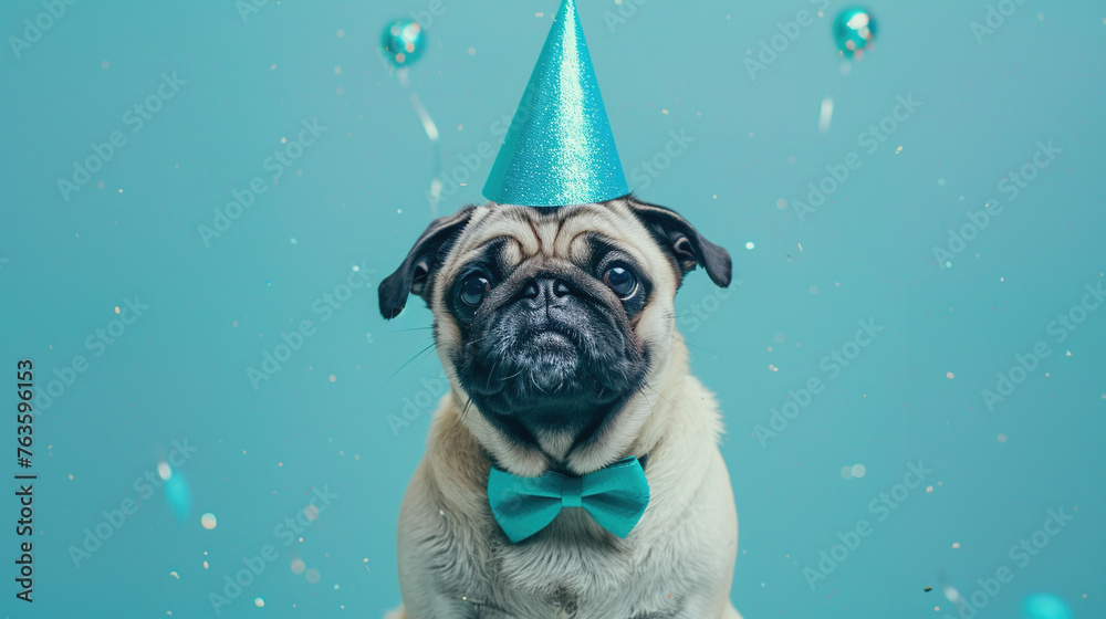Pug in a vibrant blue party hat and bowtie, looking at the camera