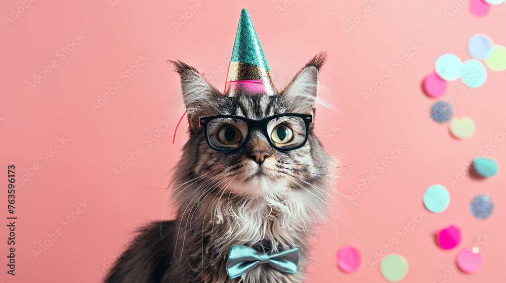Dapper cat wearing a bow tie and monocle, pastel pink background