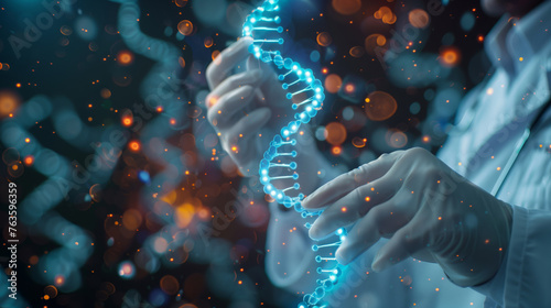 Scientist studies genetic code, DNA strand on virtual hologram, medicine of the future photo