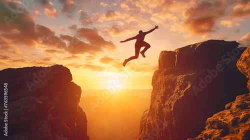 Man Jumping Off Cliff at Sunrise in Stylish Digital Art