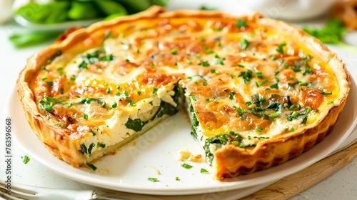 Spinach Quiche with Cheese on Plate in Teal and Gold Style