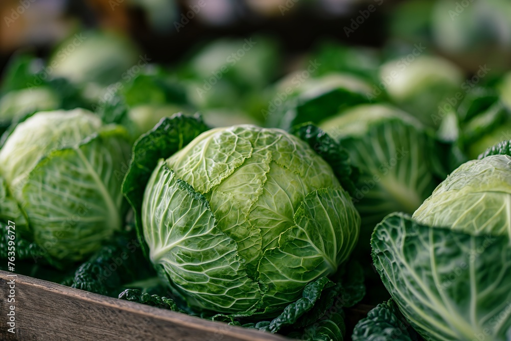 Fototapeta premium Background with a large cabbage field. Ripe harvest on a farm or greenhouse