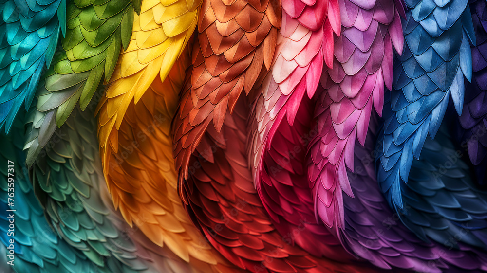 Vivid, overlapping feathers form a rainbow spectrum against a dark backdrop.