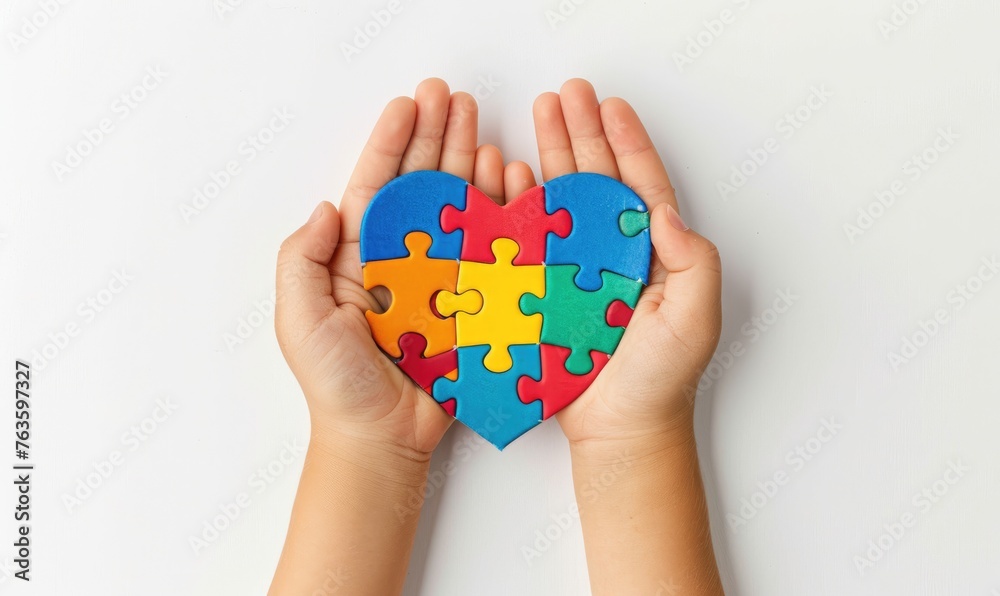 Child hands holding heart shaped colorful puzzle - obrazy, fototapety, plakaty 