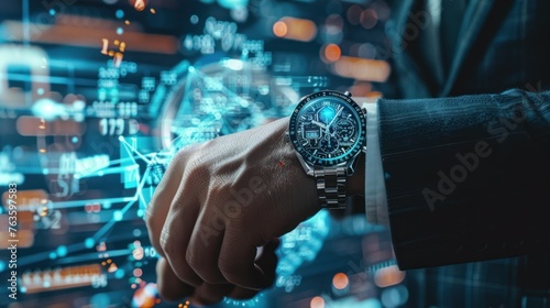 Businessman hand with a watch with analytic digital circuit graphic technology. AI generated image © yusufadi