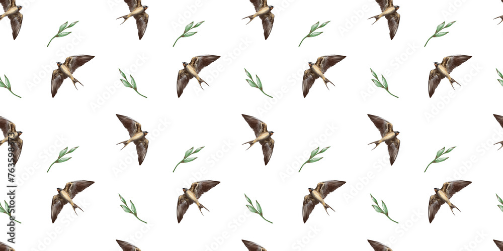 Swallow watercolor clipart illustration seamless pattern birds songbird leaves feathers fauna nature animals ecological Swallow watercolor clipart illustration seamless pattern birds songbird leaves feathers fauna nature animals ecological