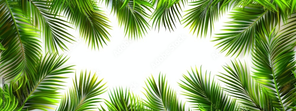 Tropical frame with exotic jungle plants, palm leaves, and space for text, transparent background. PNG, cutout, or clipping path.