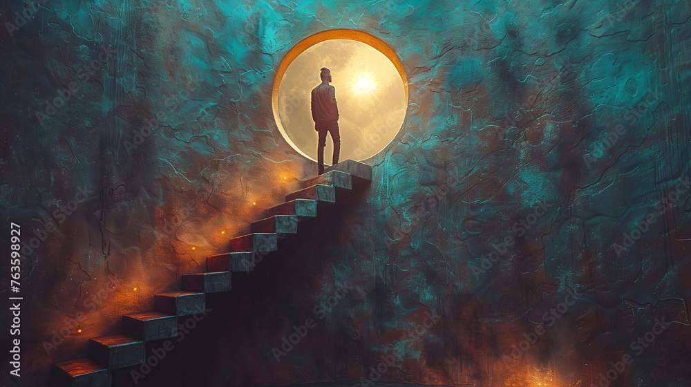 A man stands at the top of a staircase, looking out a window with light ...